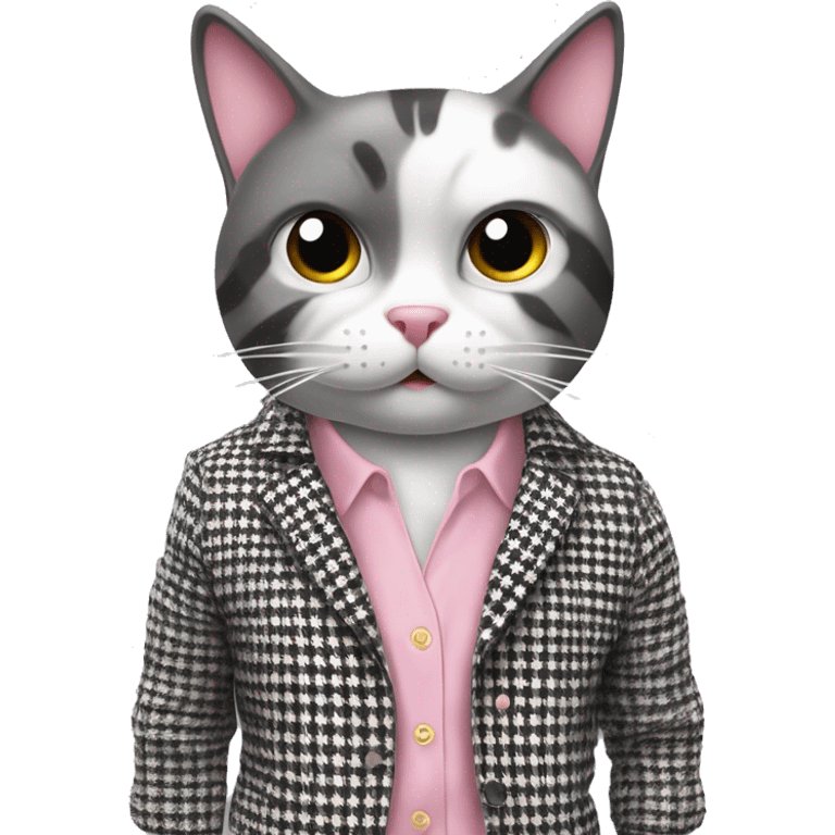 The cat is wearing a stylish black and white houndstooth jacket and light pink pants. Its facial expression is surprised or concerned, with eyes wide open and mouth curved downward. The background should be plain white to emphasize the character. emoji