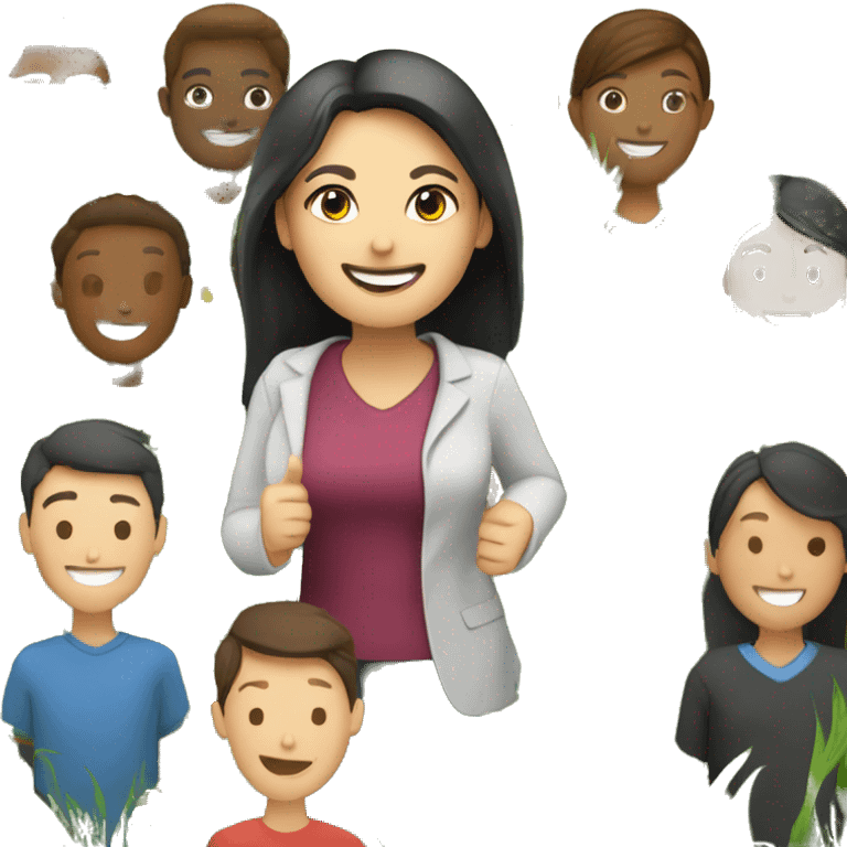 Smiling woman teacher with students outside on grasses and flowers emoji