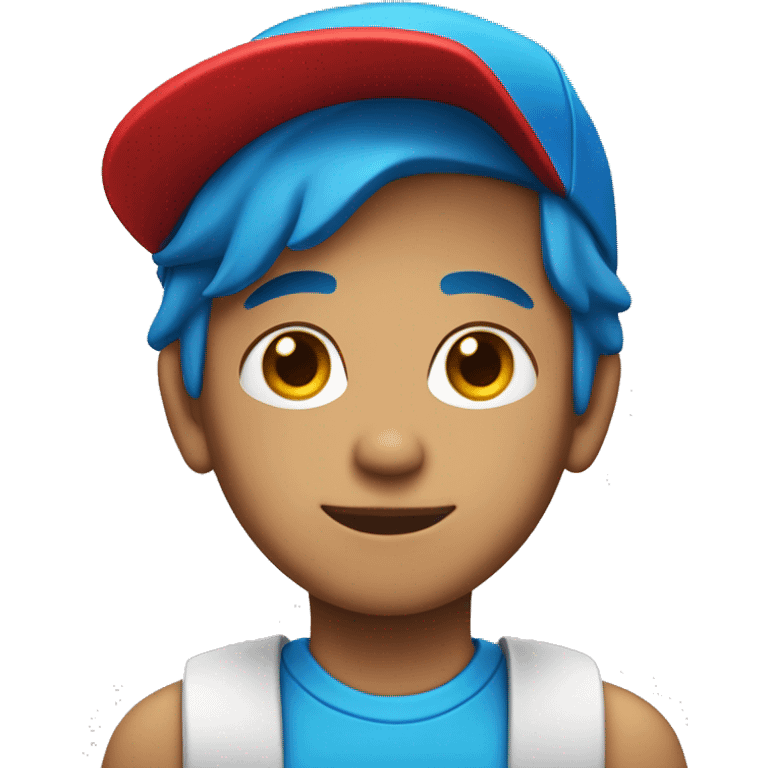 A Light skin boy head with blue hair and red cap looking  towards the  camera emoji