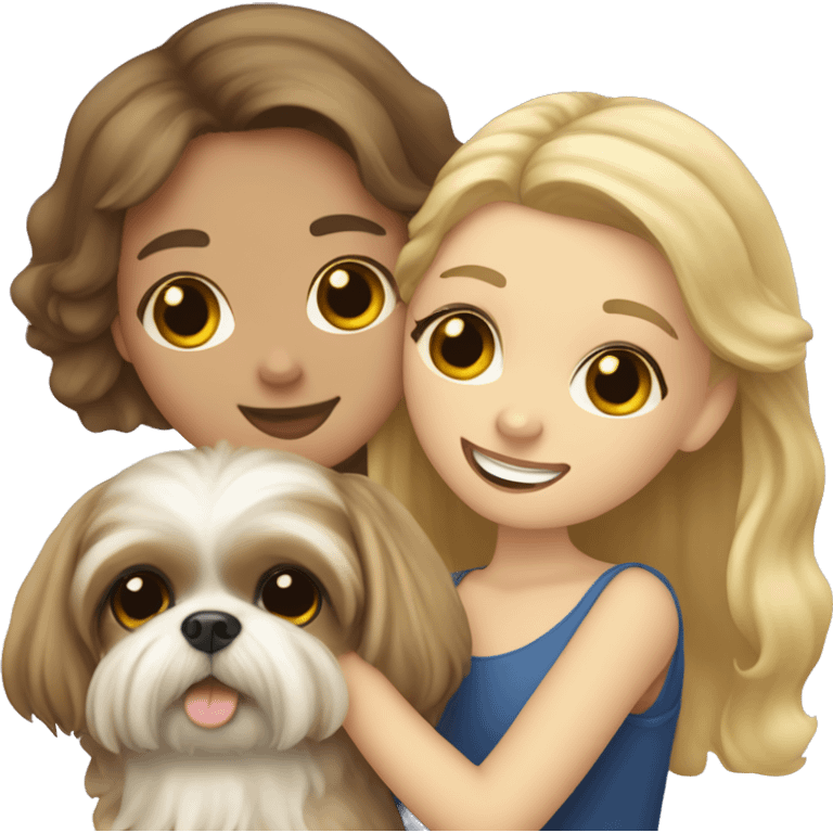 human girl with long wavy brunette hair hugging a blonde colored shih tzu girl with bow emoji