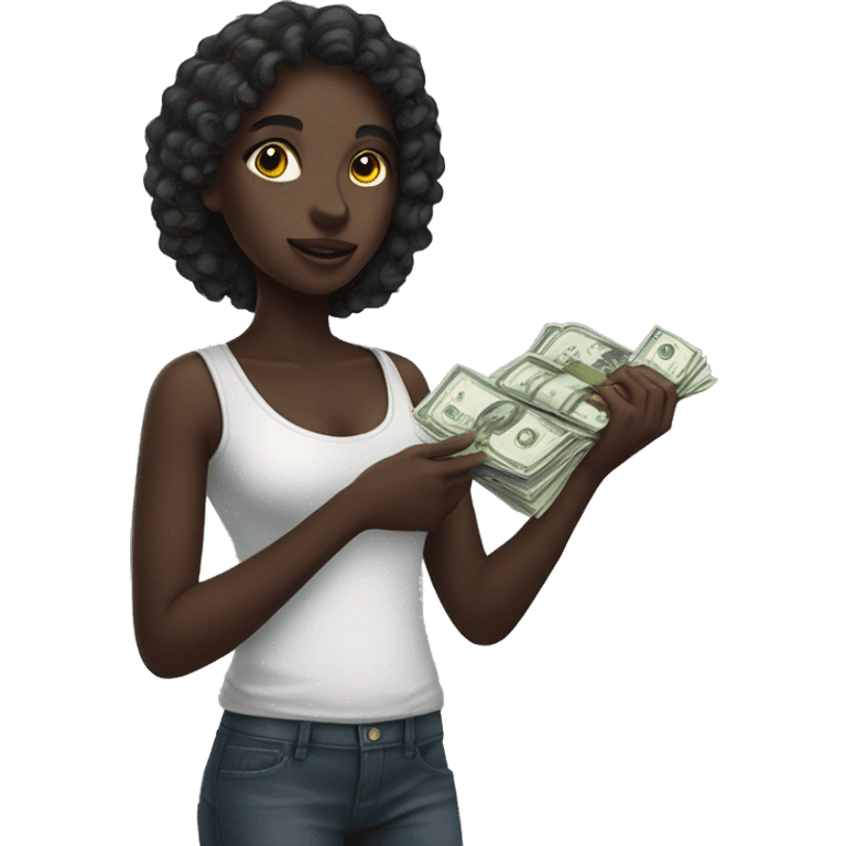 Dark skin girl holding money emoji