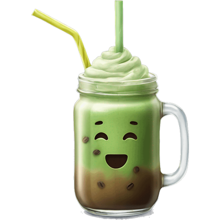 matcha iced coffee in a glass jar with straw emoji