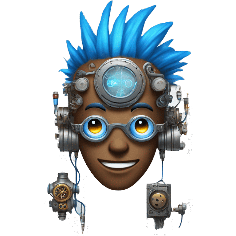 Brown cyborg head with blue Mohawk, blue beard, silver steampunk monocle goggles a smile and circuits emoji