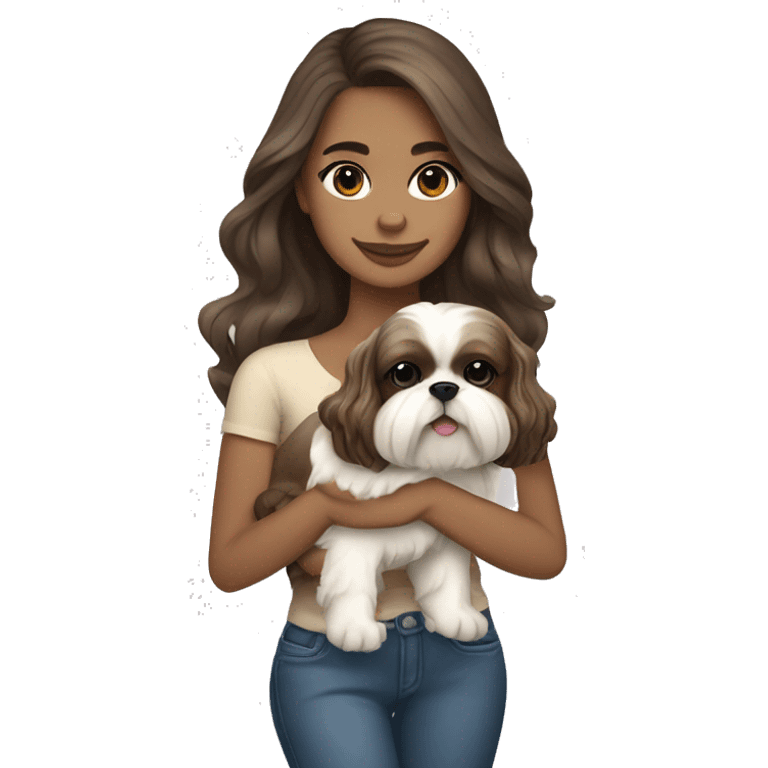 Young brunette hair woman with a cream shih tzu in her arms long wavy hair emoji