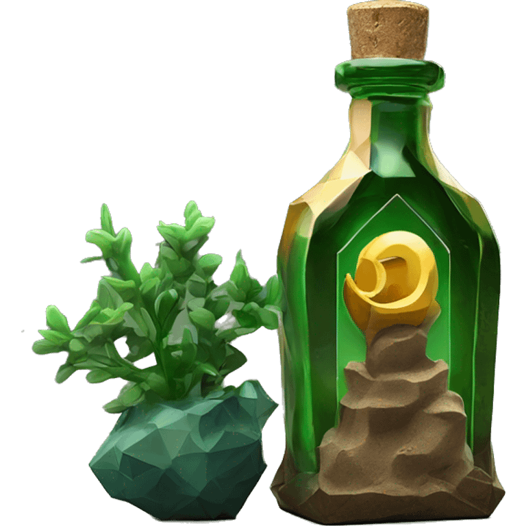 symbolic dirt humus in a bottle sculpture symbolizing Capricorn with a geometric, faceted design. The bottle is standing upright with angular and baroque features. The vibrant deep green plants colors highlights the sharp edges and planes.  emoji