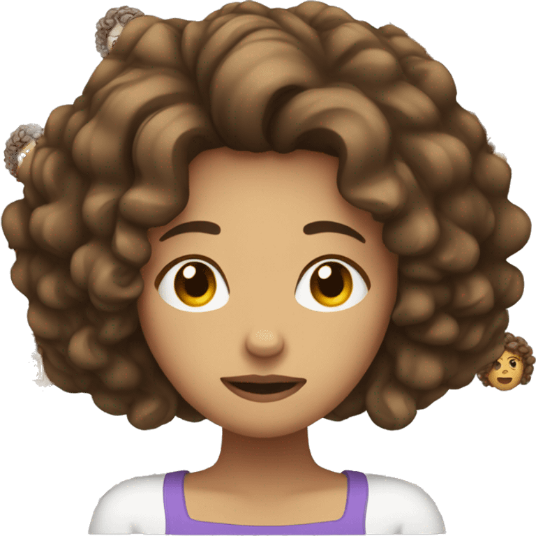 Female with curly brown hair holding head  with headache emoji