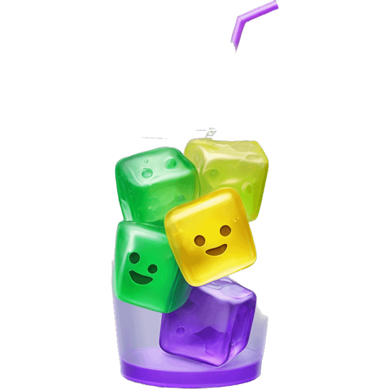 Realistic see through plastic cup and lid with half full Transluscent yellow, green ,purple soda,straw and large ice cubes inside. emoji