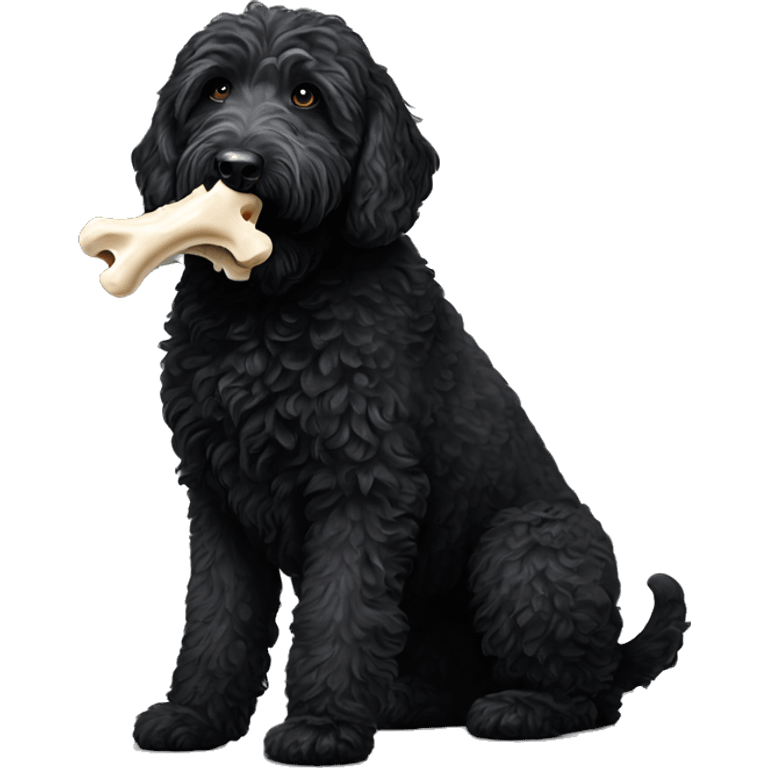 All black labradoodle carrying bone in mouth  emoji