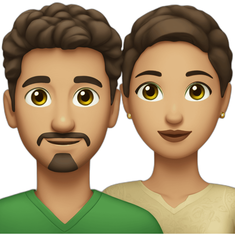 A couple of one man with dark short hair, a goatee and brown eyes and a Moroccan woman with brown hair and green eyes, they are both 20 years old emoji