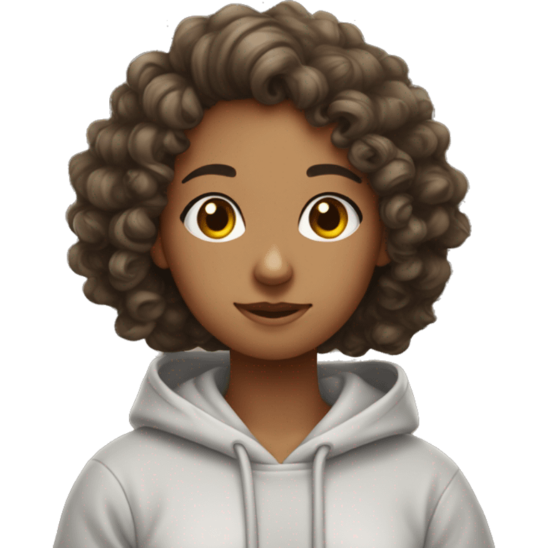 Curly hair girl studying with hoodie that says “Elena” on it emoji