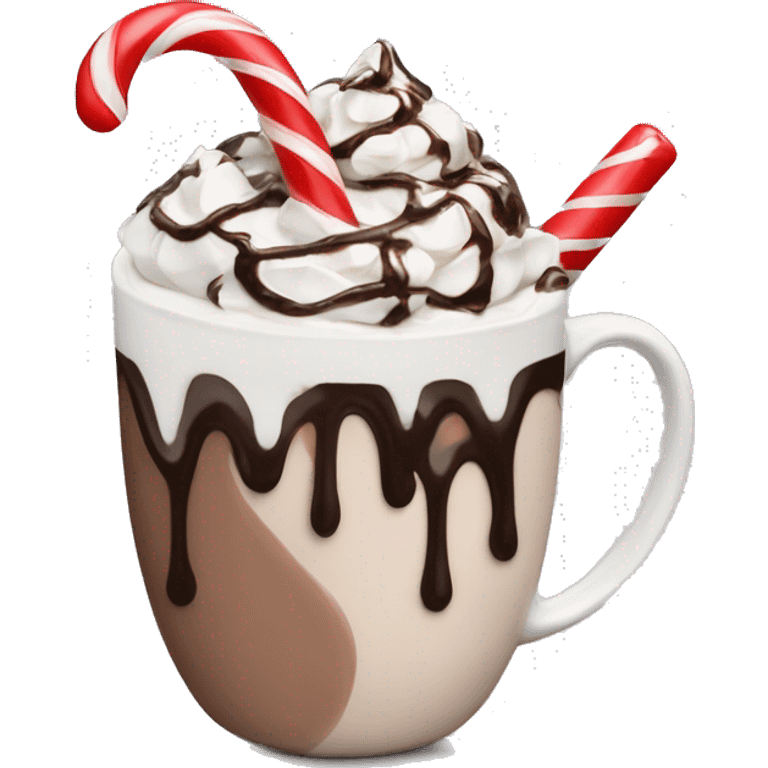 Hot chocolate with whip cream and chocolate drizzle with a candy cane emoji