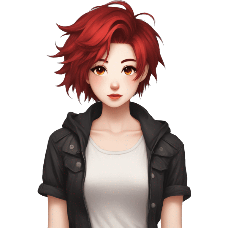 Gorgeous anime style tomboy-lady with blushing face aesthetic and pretty edgy black red punk hair with hair garment trending style emoji