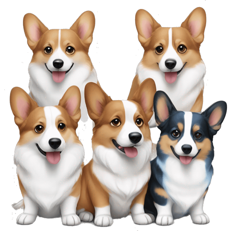 Three corgis sitting together with no tails. One is a red headed tri, one is a black headed tri, and one is a blue Merle with blue eyes emoji