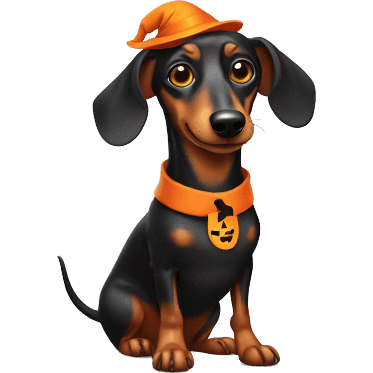 long dachshund dog dressed for Halloween known as a Halloweenie emoji