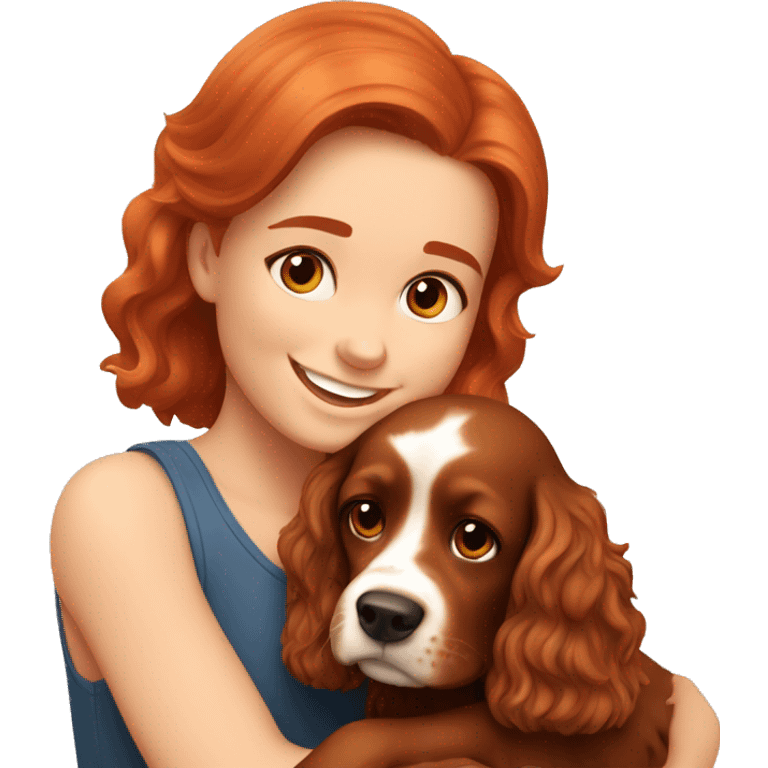 A very cute girl with red hair cuddling a happy brown-bright happy Cocker Spaniel. emoji