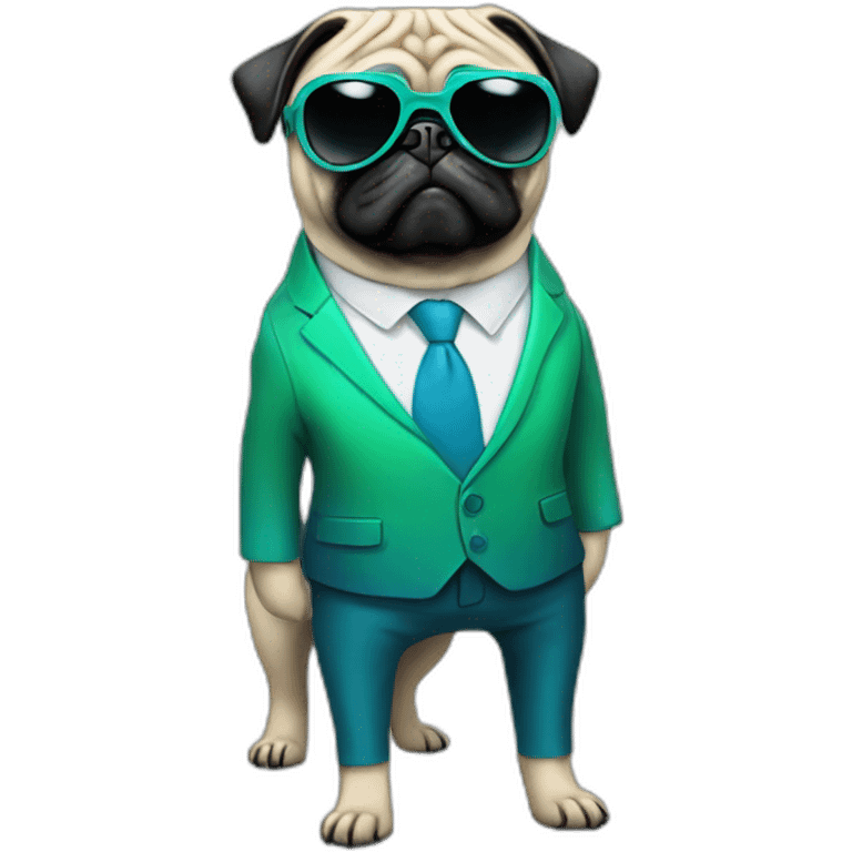 dog pug-in-gradient-green-blue-suit-with-and-black-sunglasses-standing-with-black-shoes emoji