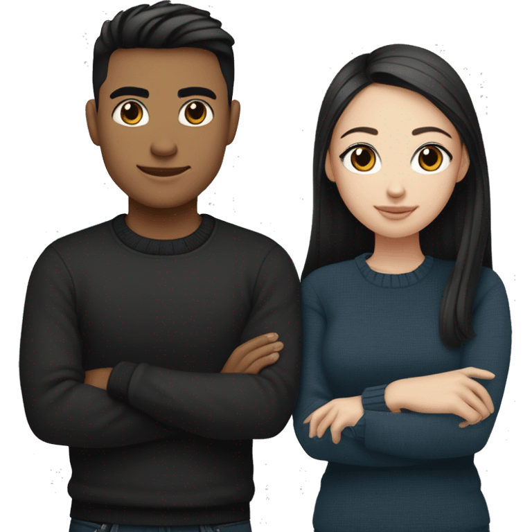 dark Blonde girl with blue eyes in black sweater and an east asian with light skin man with black hair and black eyes hugging emoji