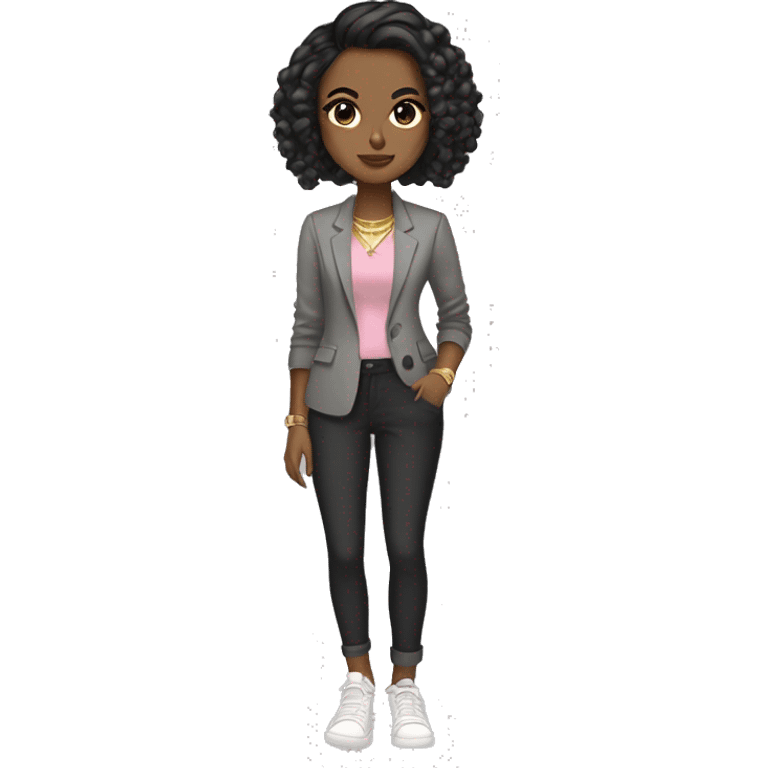 Light brown girl with black low bun, gold bracelet, gold rings, gold nose ring, gold rings, with a gray shirt, a blazer, plaid pants, and white sneakers, and dark brown eyes, and pink lips  emoji