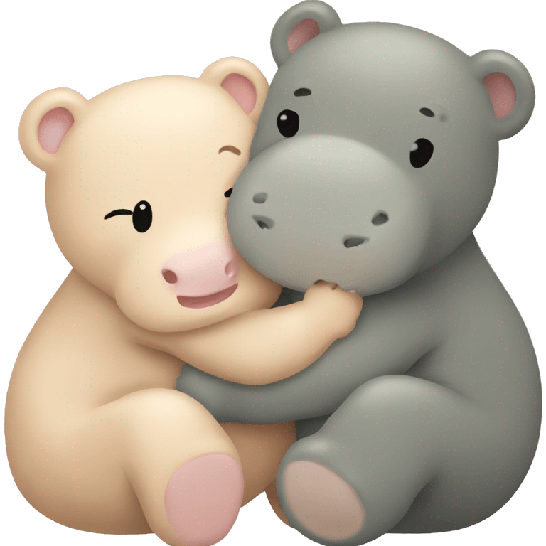 tan teddy bear hugging a baby hippo emoji