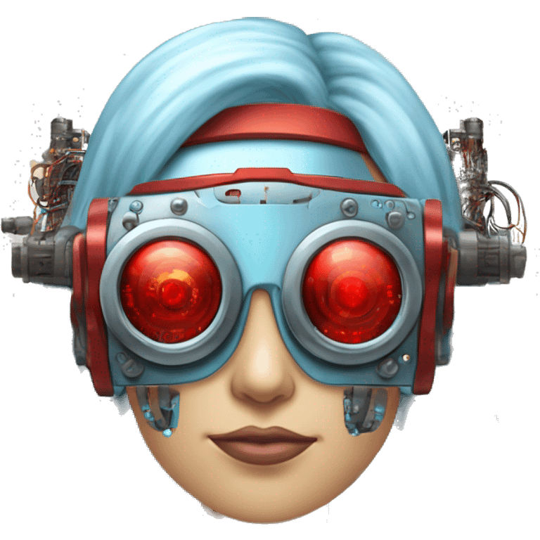 Light blue long hair female cyborg head with red steampunk goggles and circuits emoji