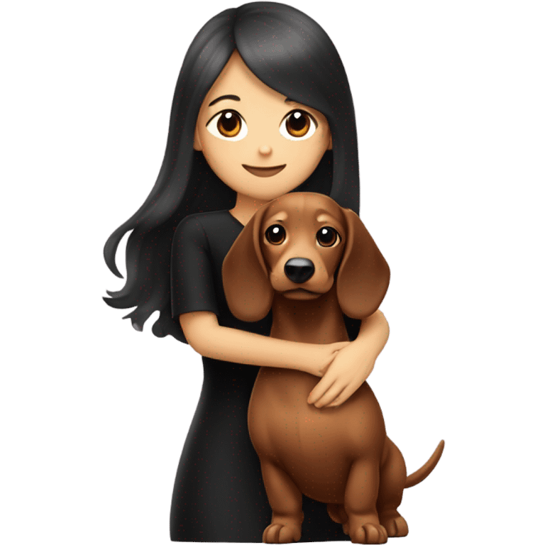 an Asian girl with long hair, wear black dress, hugging long-haired dachshund emoji