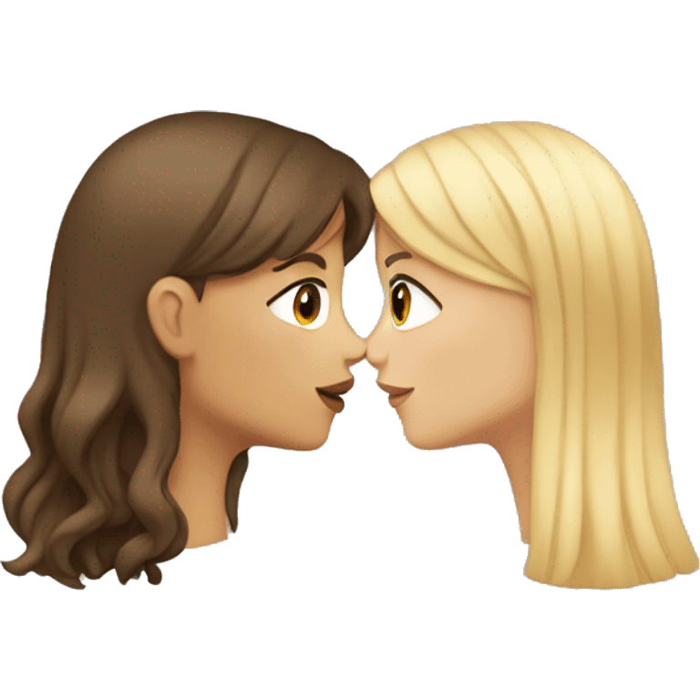 White girl with brown hair and blond bangs kissing tan girl with long dark hair emoji