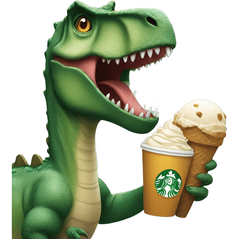 Dinosaur holding Starbucks coffee and ice cream emoji