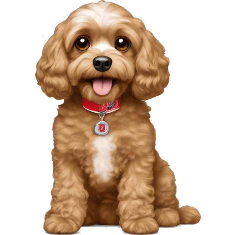 Tan cavapoo with Ohio state emoji