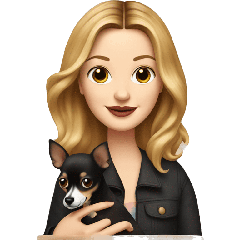 Drew Barrymore holding a black and brown Chihuahua emoji