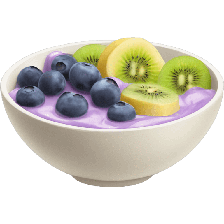 bowl with purple yogurt and banana and blueberries and kiwi fruits emoji