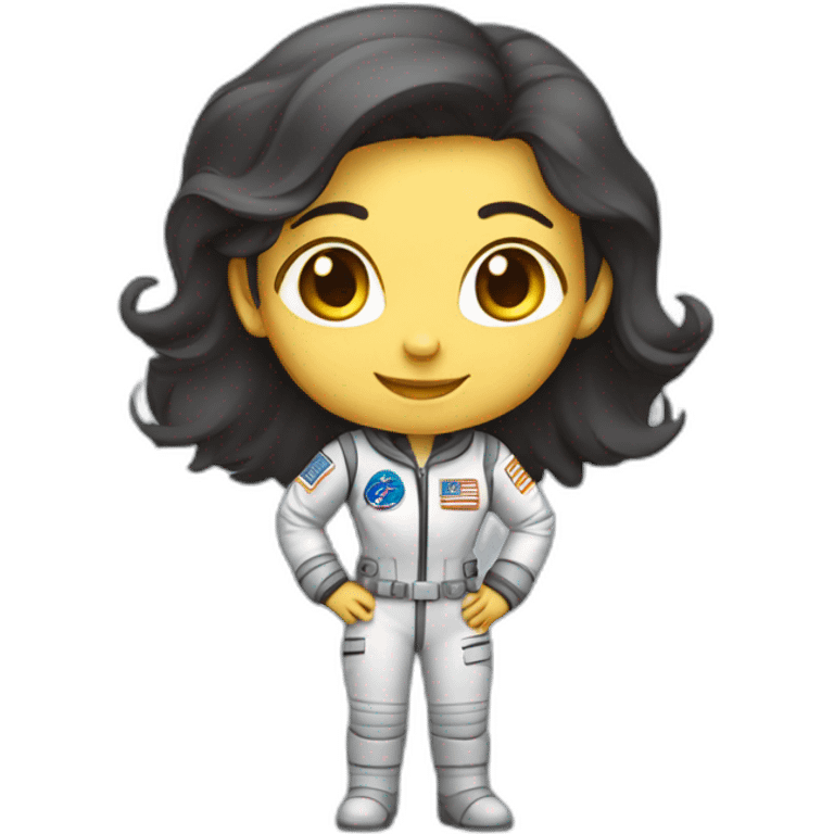  space explorer: female straight dark hair, full body, greeting and smiling emoji