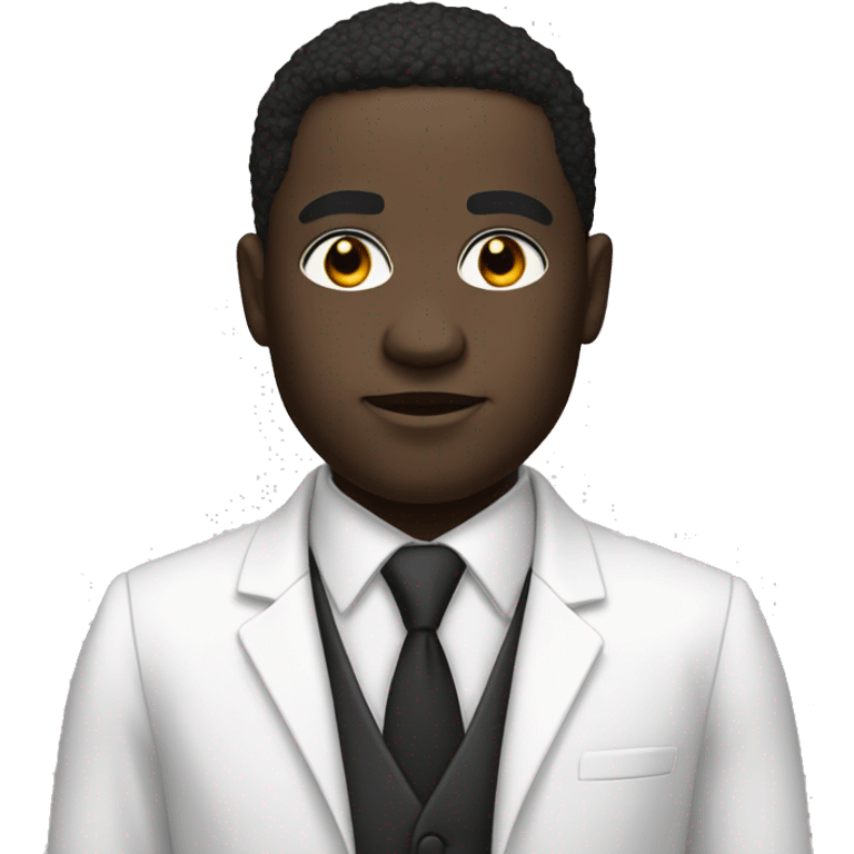 Create a black man with cut in his eyebrow with big black eyes and white suit all white suit  emoji