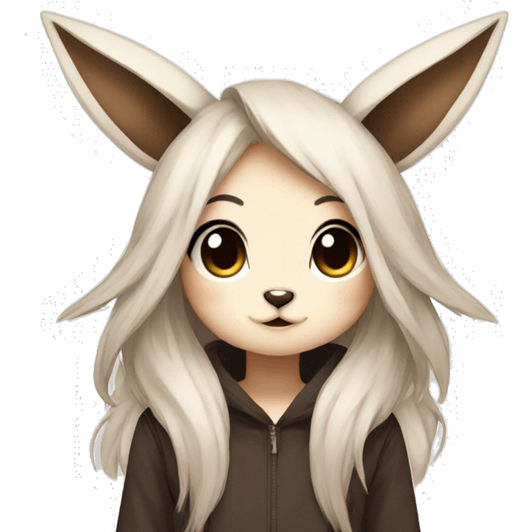 Kawaii Pale Eevee with dark brown long emo hair covering her eyes Full Body emoji