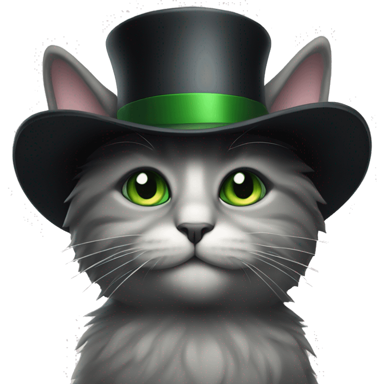 Black and grey fluffy cat green eyes with top hat  emoji