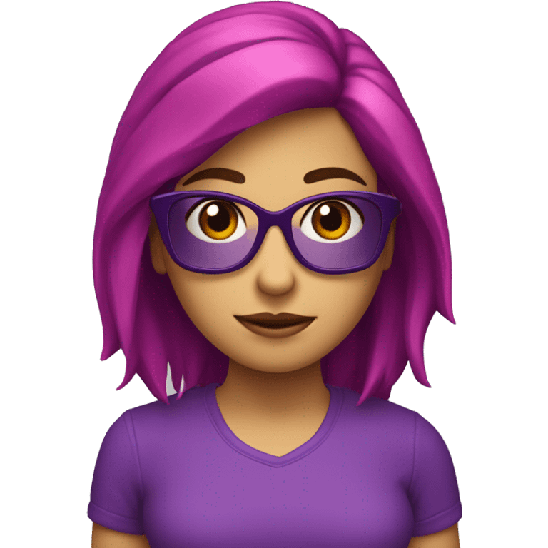 Chica blanca con pelo suelto rojo y los lentes en color violeta, linda  emoji