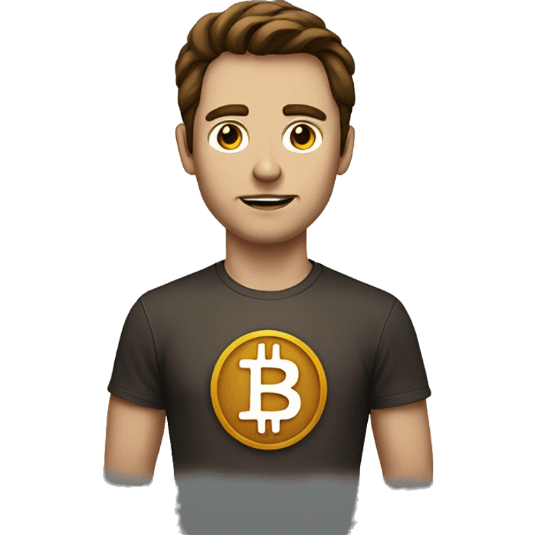 A man with laser eyes, brown hair, with a bitcoin badge on tshirt emoji