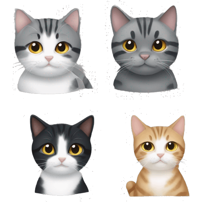 Tabby cat, two black cats, and a grey and white kitten emoji