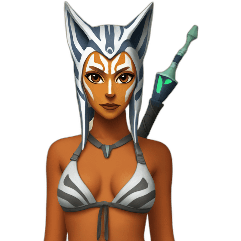 Sexy Ahsoka Tano (portrait, front facing) bikini (small horns) (clone wars season 7) in the style of van gogh emoji