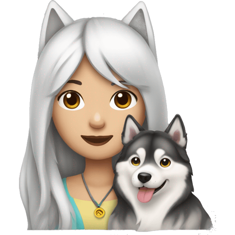 Long hair Asian Girl with husky dog emoji