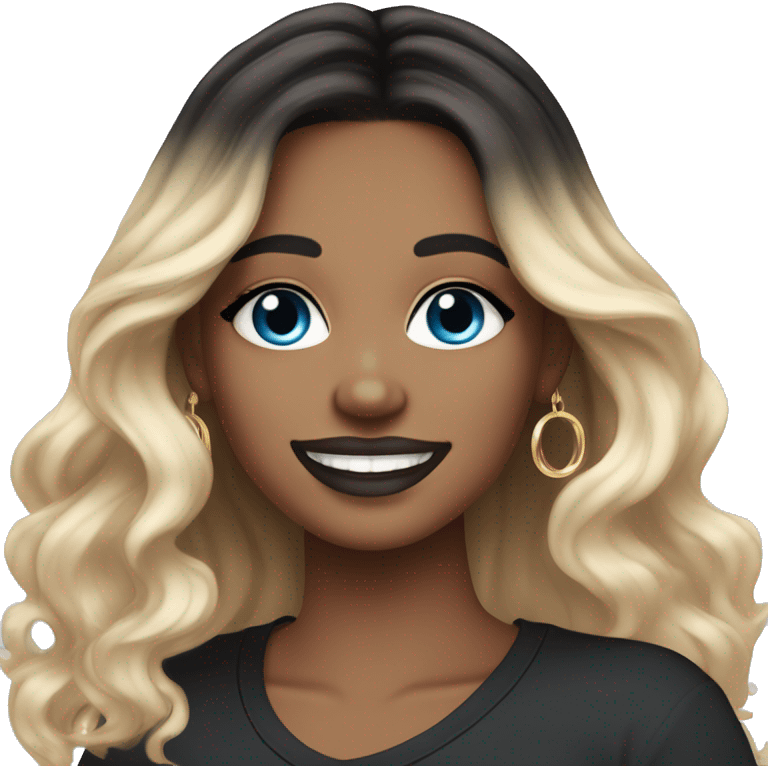 White-skinned adult woman, smiling, glitter drawings makeup on her face, blue eyes, long black-to-blonde ombre wavy hair, ring earrings, black T-shirt. emoji