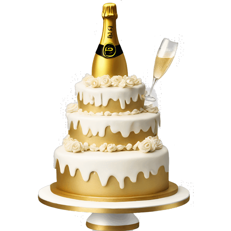 White and Gold 3 tier birthday cake and champagne emoji