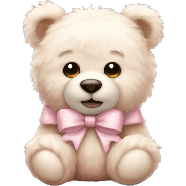 very fluffy pale teddy bear, cute, pale pink bow emoji