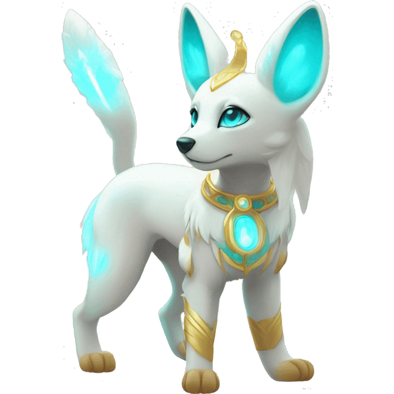 Shiny White Angelic Godly Ethereal Majestic Electric Albino Umbreon. cyan eyes and cyan markings. Golden Anubis-rings. full body emoji