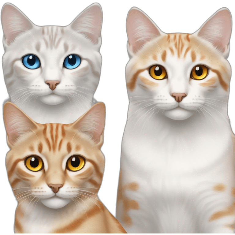 three cats, 1 lynx point blue eyes, 2 orange and white yellow eyes, 3 all orange orange eyes emoji