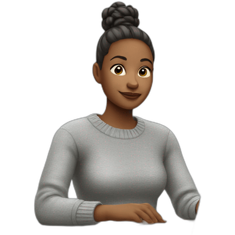 Woman with short ponytail and gray sweater sitting at table with Apple laptop emoji