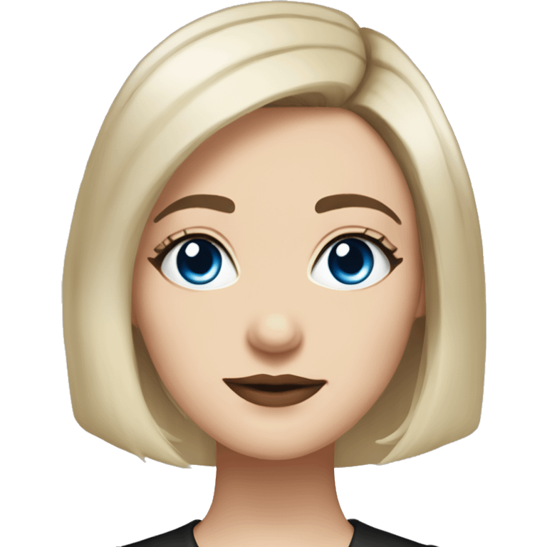 waist-length portrait, looking up, Slavic adult woman, goth eyes makeup, blue eyes, medium bob black-to-blonde ombre straight hair, white T-shirt and black office jacket. emoji