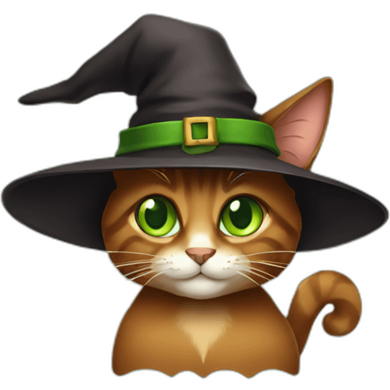 brown cat with green eyes and witch hat emoji