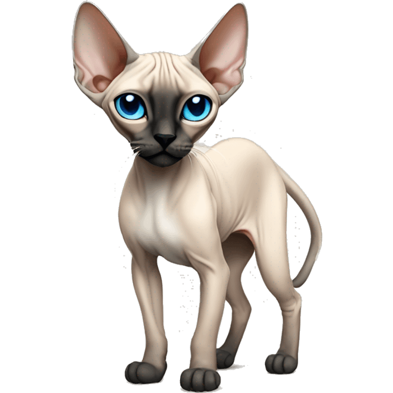 Siamese Sphynx  cat with blue eyes, full thin body stand, black nose ears and tail emoji