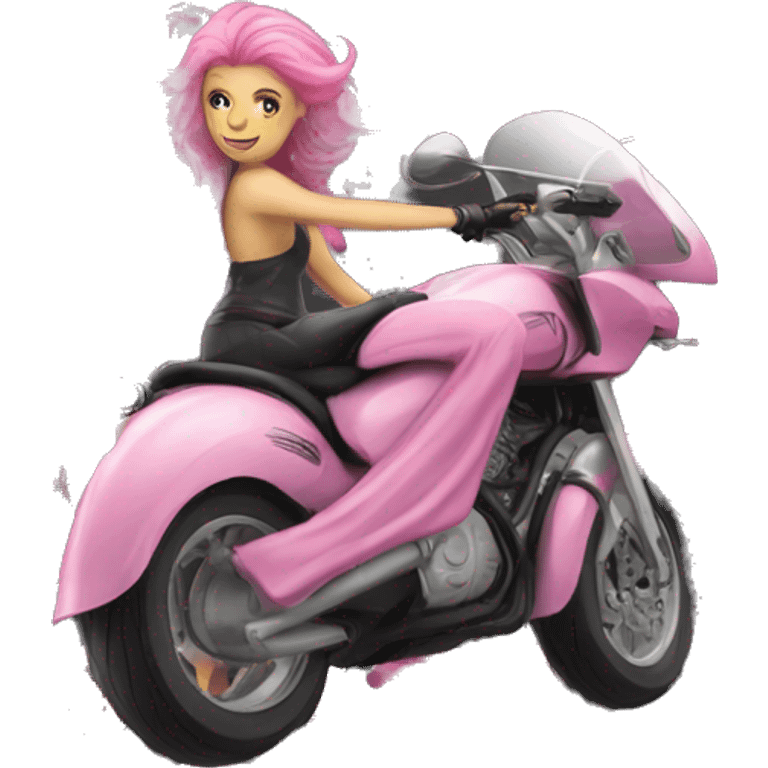 A Caucasian Goddess, with Pink Hair Riding a Motorcycle, in Black emoji