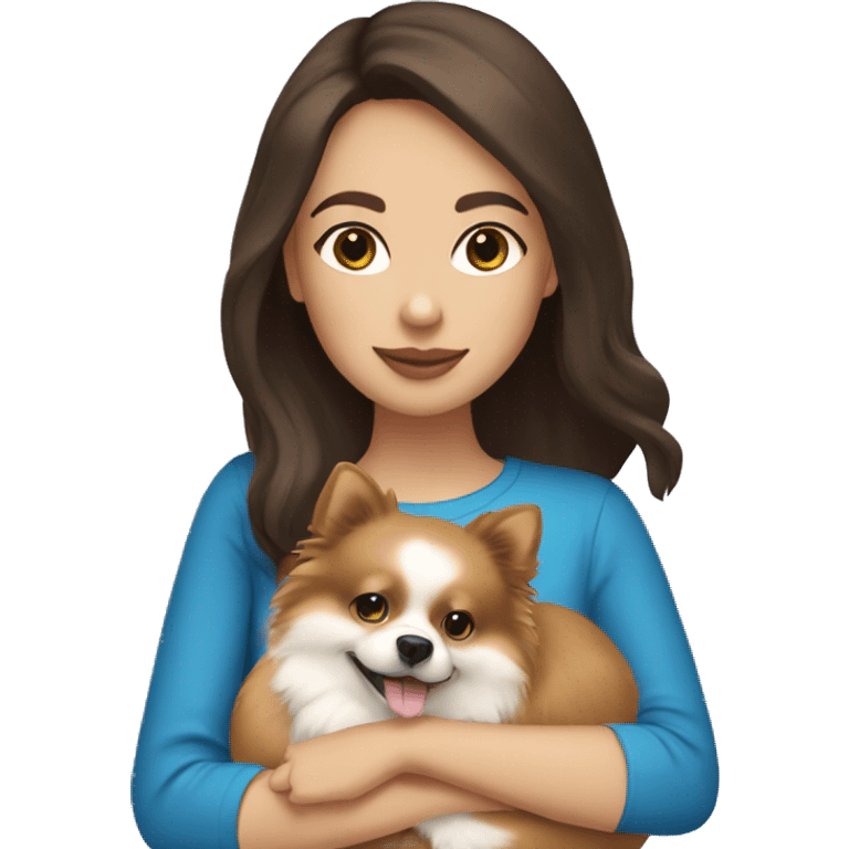 Brunette girl with light skin and Blue eyes holding a  pomeranian  emoji